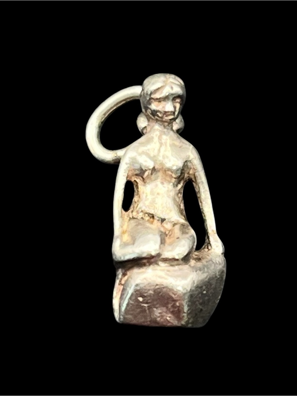Sterling silver naked lady sitting on a rock charm pendant for necklace vintage